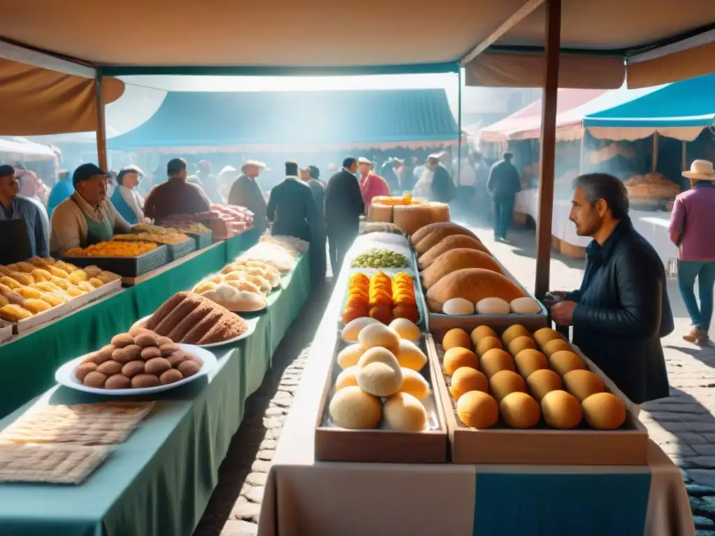 Mercado bullicioso en Uruguay con souvenirs gastronómicos y energía vibrante