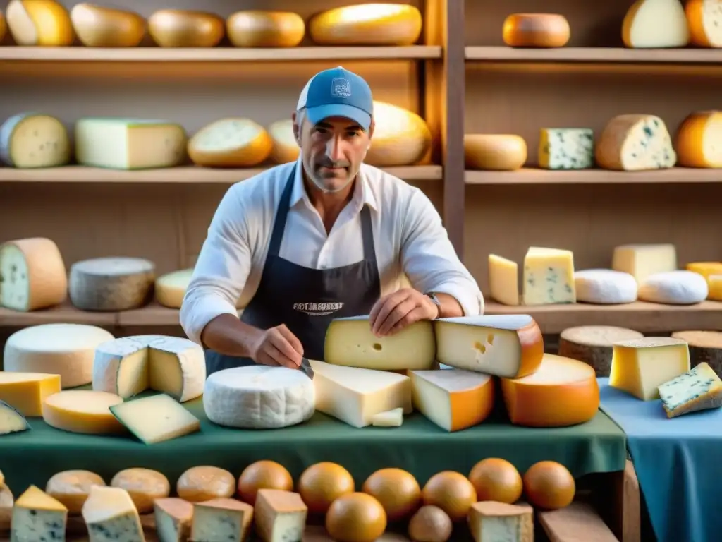 Un mercado bullicioso en Uruguay con variedad de quesos artesanales uruguayos en un puesto