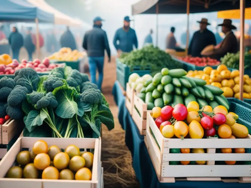 Un mercado bullicioso con vegetales y frutas locales coloridos, bañados por el sol