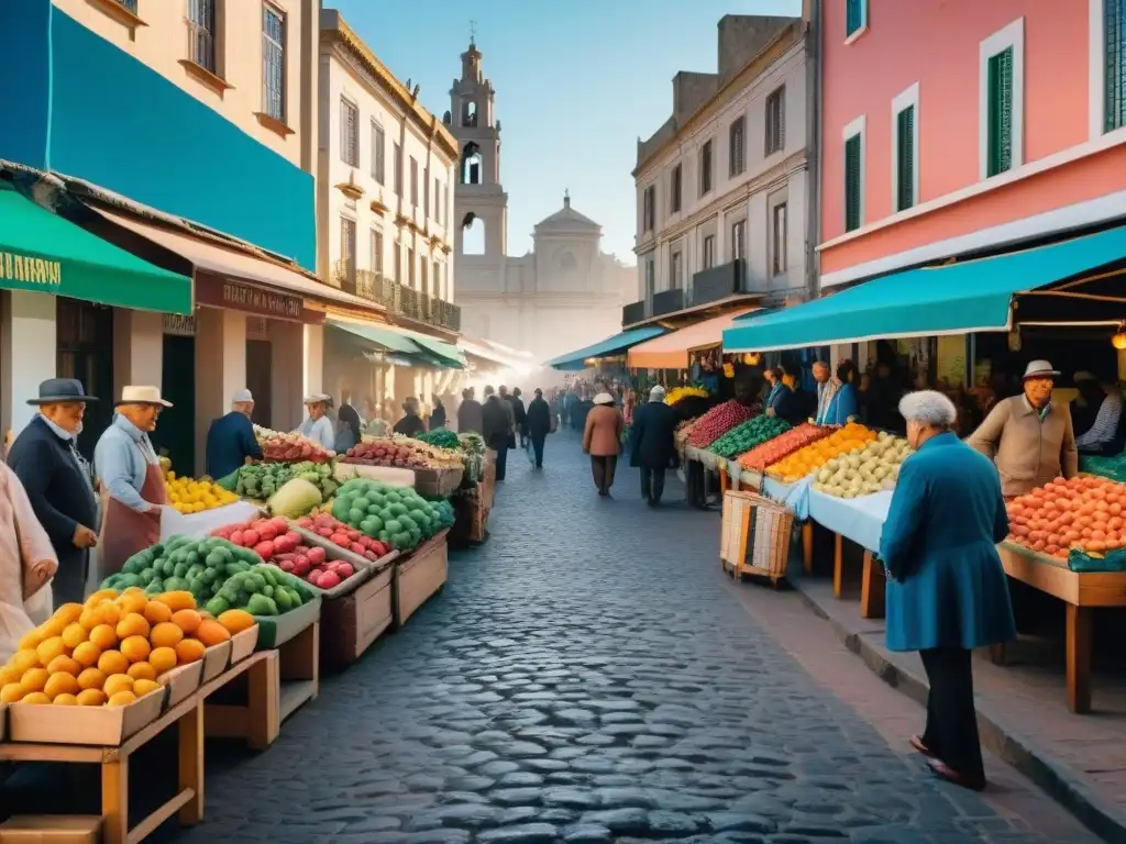 Mercado callejero en Montevideo al atardecer, con frutas coloridas y artesanías