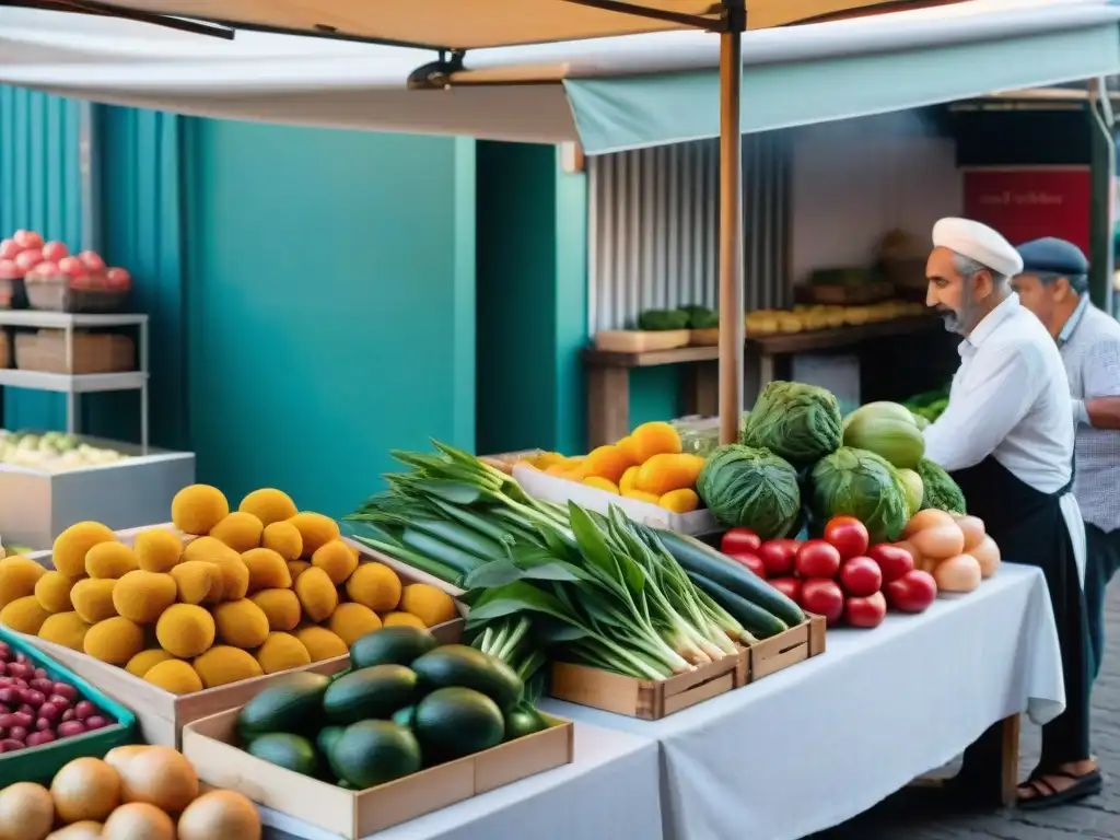 Un mercado callejero bullicioso en Montevideo, Uruguay, lleno de color y productos frescos de influencias europeas