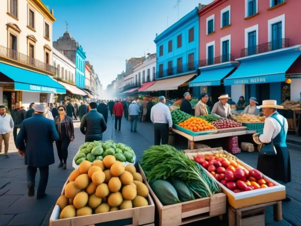 Mercado callejero en Uruguay con colores vibrantes y actividad frenética