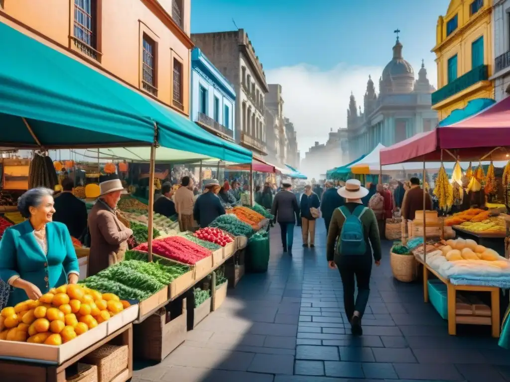 Mercado callejero en Montevideo, Uruguay, con puestos de artesanías y productos locales