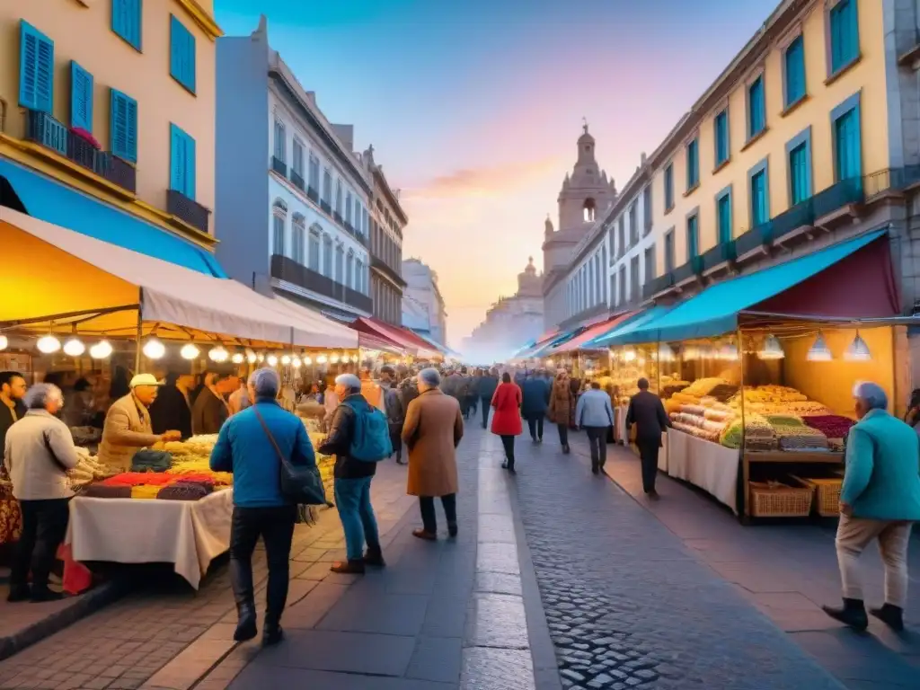 Mercado callejero en Montevideo con puestos coloridos, comida callejera y ambiente festivo