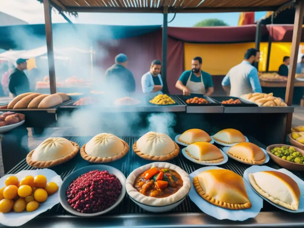 Un mercado callejero en Uruguay rebosante de color, con puestos de frutas frescas y empanadas en la parrilla