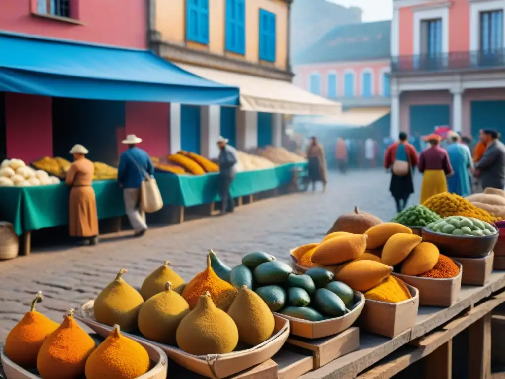 Un mercado callejero tradicional uruguayo rebosante de vida y color, ideal para capturar la cultura local