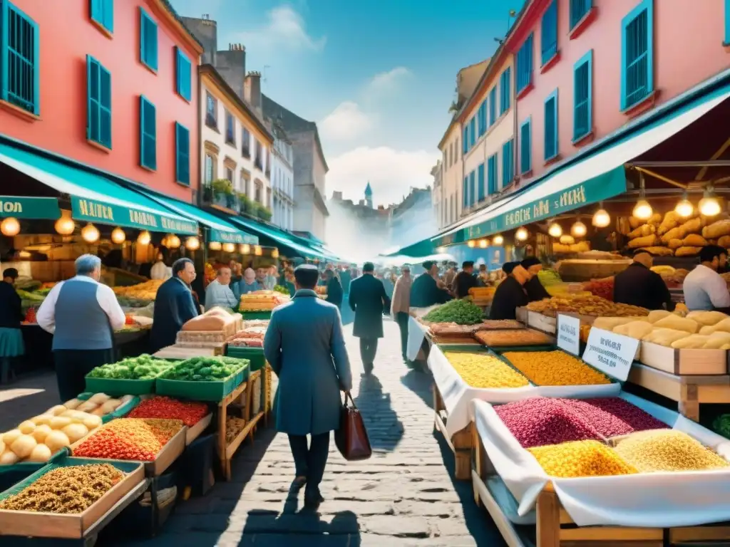 Mercado callejero uruguayo con influencias europeas en cocina: paella, pasta y pastelería francesa, entre aromas y colores vibrantes