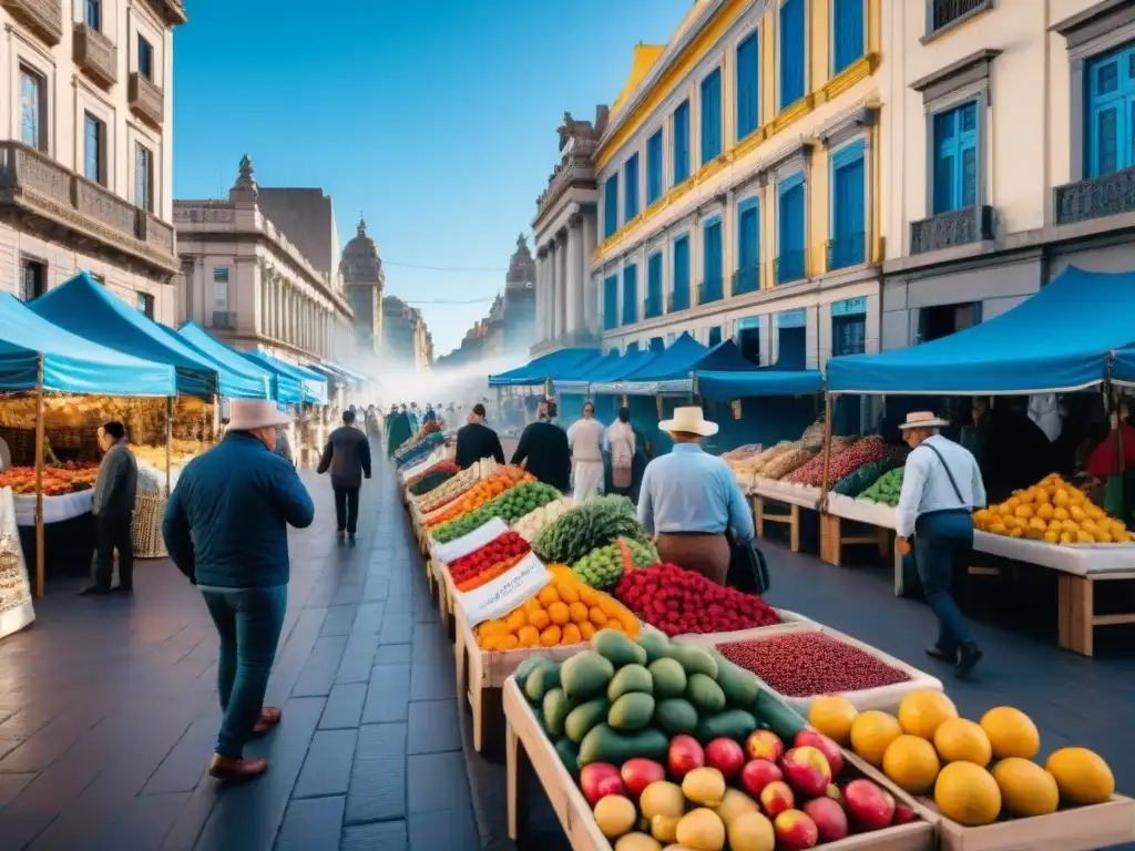 Mercado callejero vibrante en Montevideo con artesanías, frutas y textiles