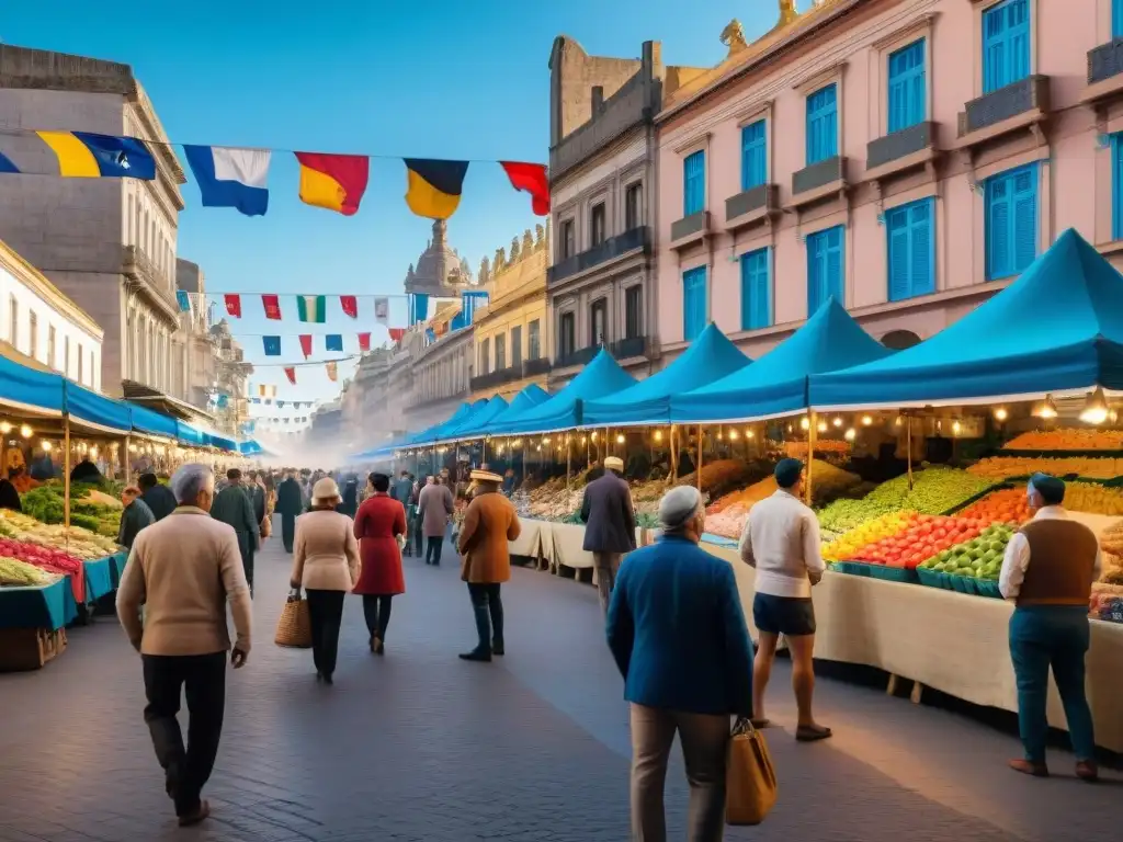 Un mercado callejero vibrante en Montevideo, Uruguay, con banderas coloridas y música tradicional