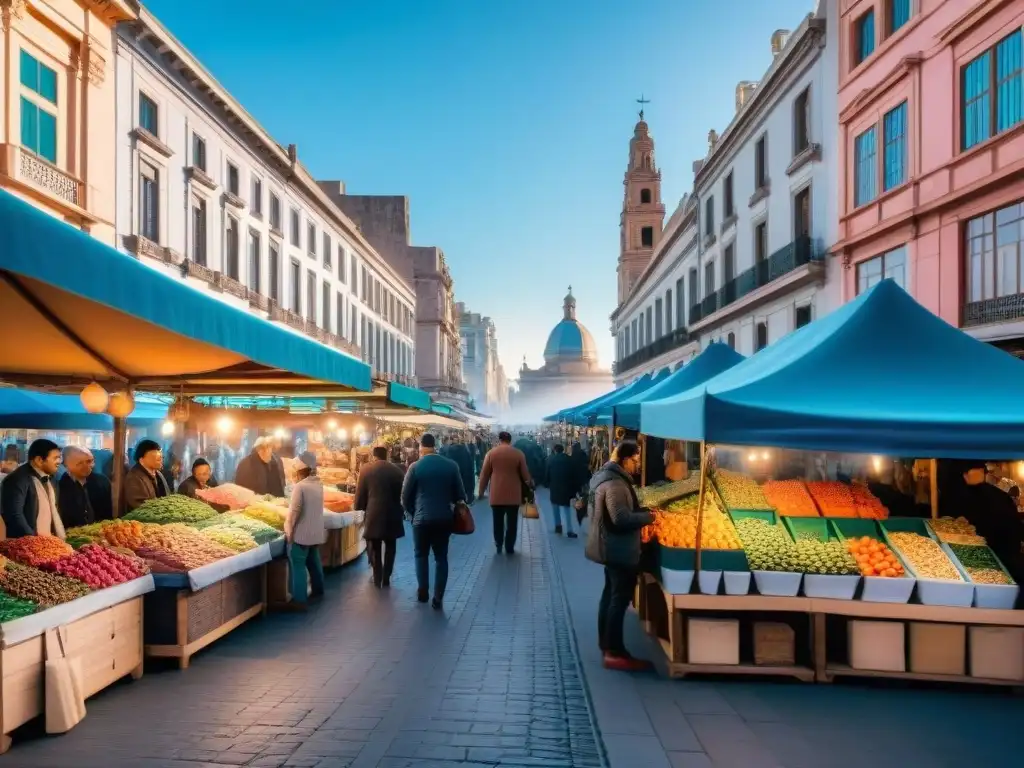 Un mercado callejero vibrante en Montevideo con coloridas guías de viaje Uruguay auténticas