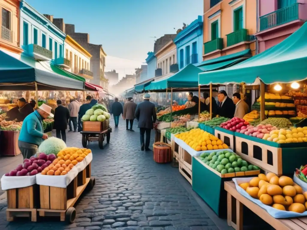 Mercado callejero vibrante en Montevideo, Uruguay, con frutas, verduras y artesanías locales