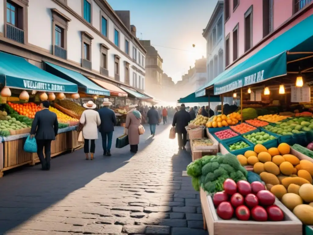 Mercado callejero vibrante en Montevideo, Uruguay, con frutas frescas y locales, reflejando la cultura uruguaya