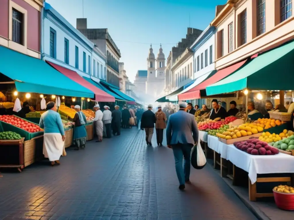 Fotografía de viaje en Uruguay: Mercado callejero vibrante en Montevideo con frutas frescas, artesanías locales y bulliciosa multitud