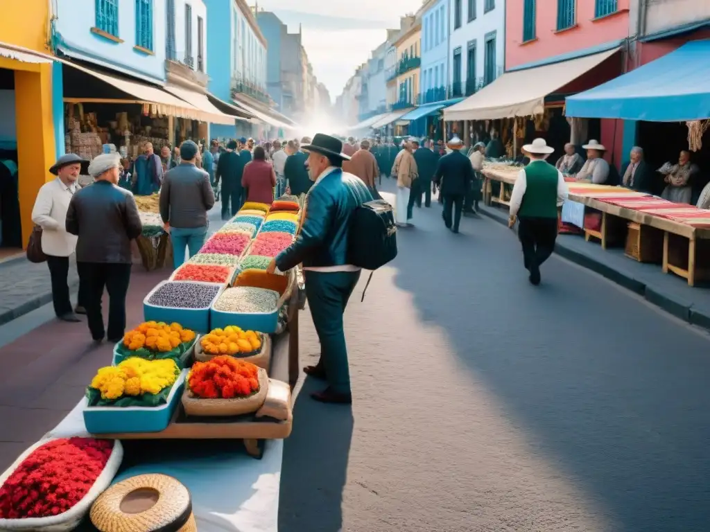 Un mercado callejero vibrante en Montevideo, Uruguay, con puestos coloridos llenos de artesanías tradicionales, textiles y delicias locales