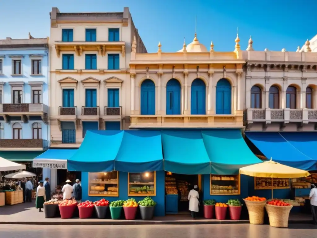 Un mercado callejero vibrante en Montevideo, Uruguay, con sombrillas coloridas y productos locales