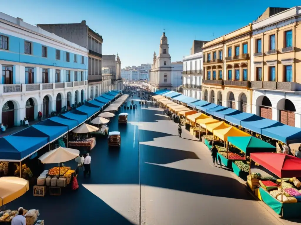 Un mercado callejero vibrante en Montevideo, Uruguay, con textiles coloridos, artesanías y productos locales