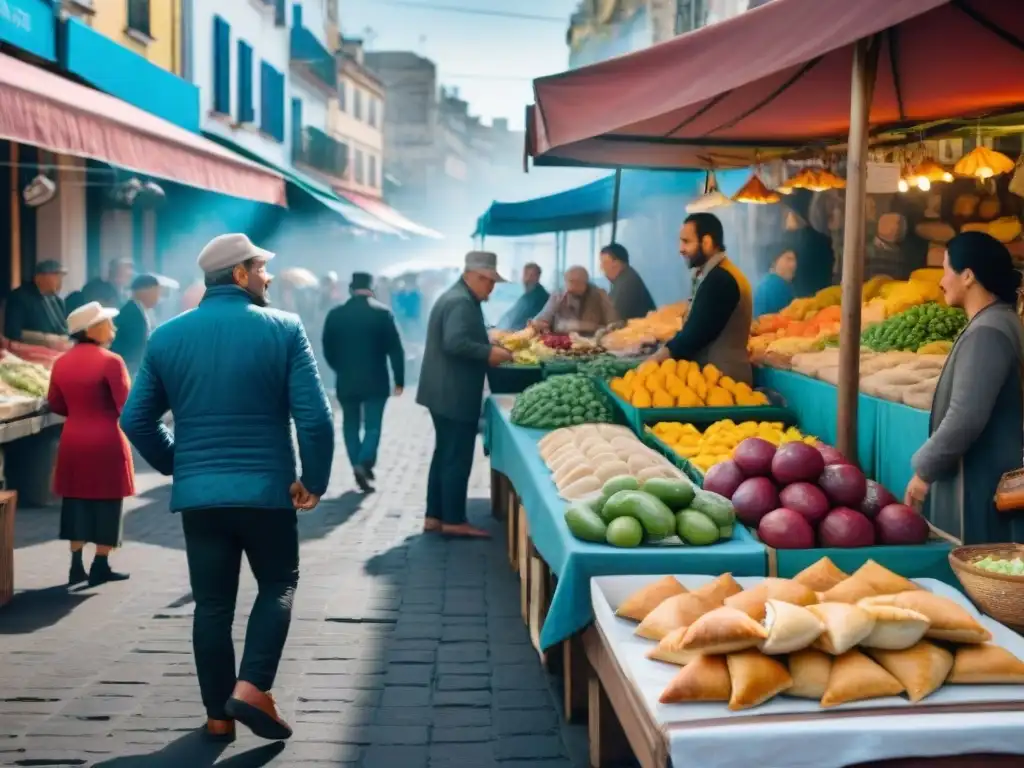 Un mercado callejero vibrante en Montevideo, Uruguay, con una variedad de frutas y verduras coloridas