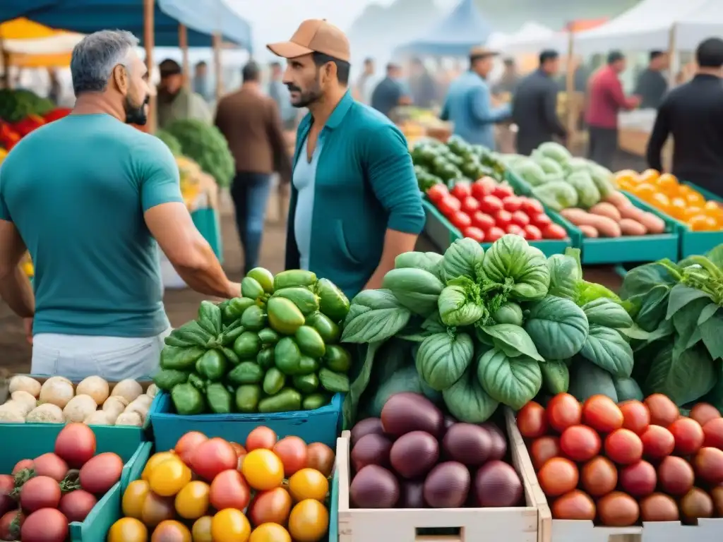 Puesto de mercado en Uruguay con coloridos vegetales y frutas frescas