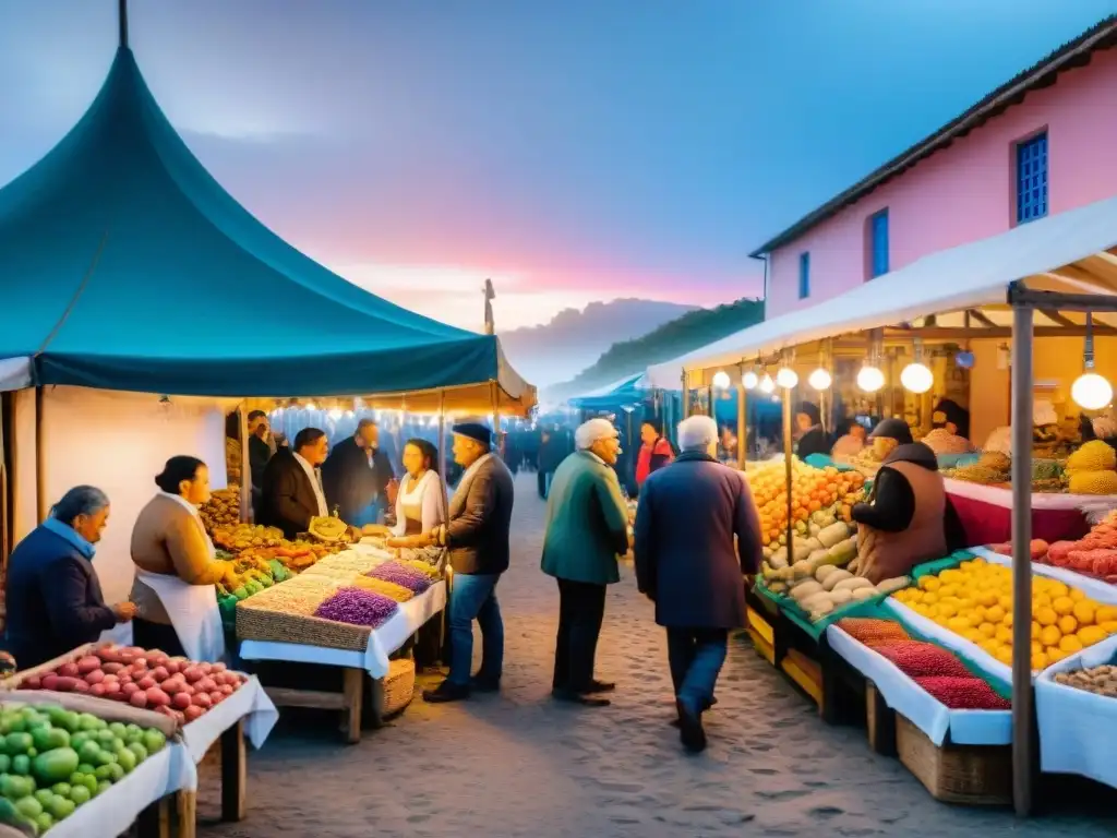 Un mercado comunitario vibrante en Uruguay, lleno de colores, artesanías y gastronomía tradicional