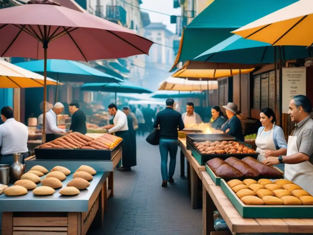 Mercado gastronómico en Montevideo con asado, chivito y empanadas