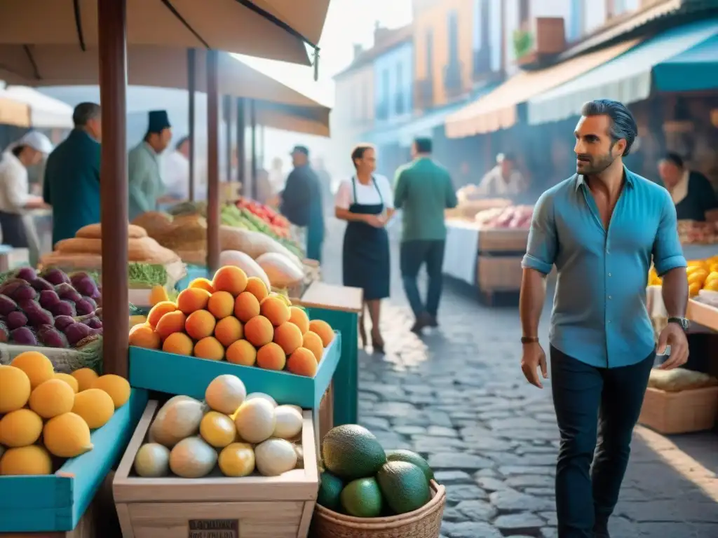 Mercado gourmet en Colonia del Sacramento: colores, sabores y pasión Un mercado gourmet bullicioso en Colonia del Sacramento, Uruguay, con puestos de frutas exóticas, quesos artesanales y delicias locales