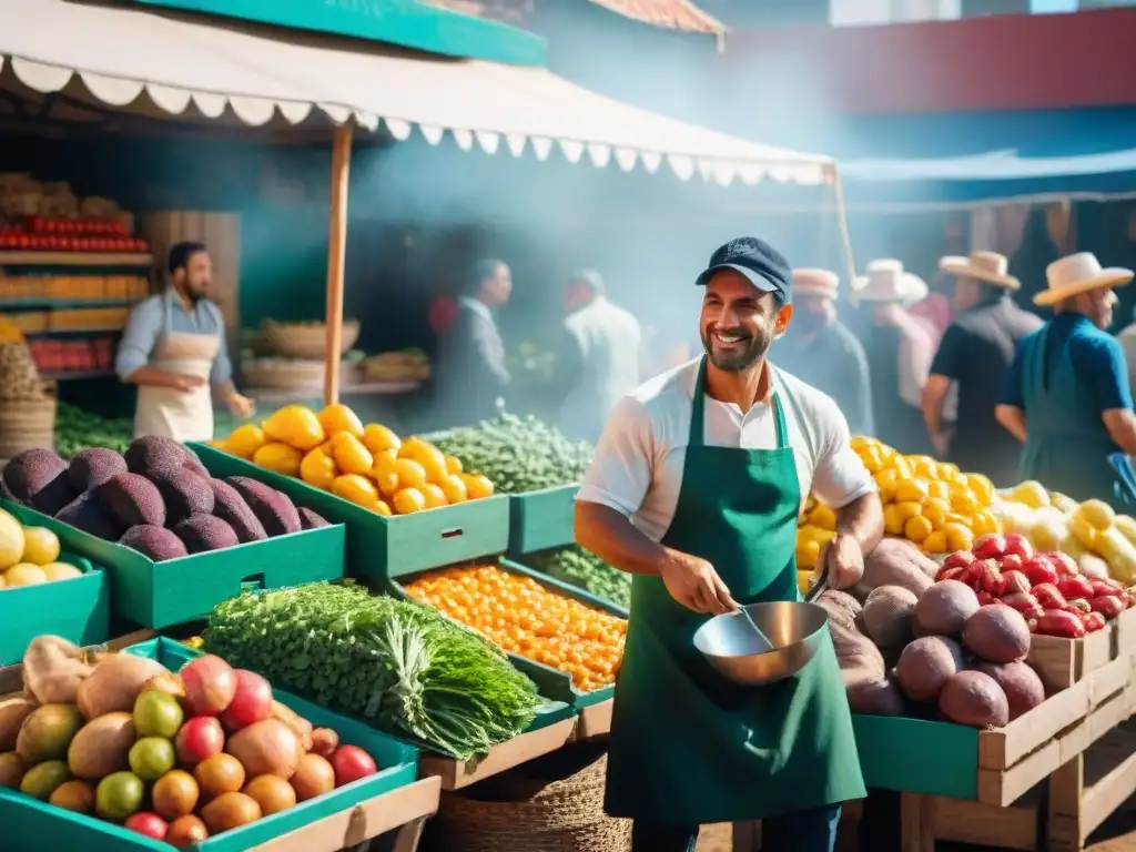 Un mercado local bullicioso en Uruguay, lleno de puestos coloridos de frutas, verduras y productos locales