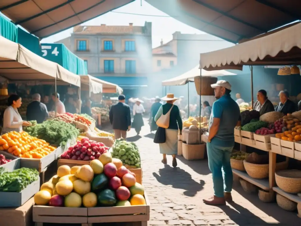 Un mercado local bullicioso en Uruguay con puestos coloridos vendiendo productos orgánicos y sostenibles