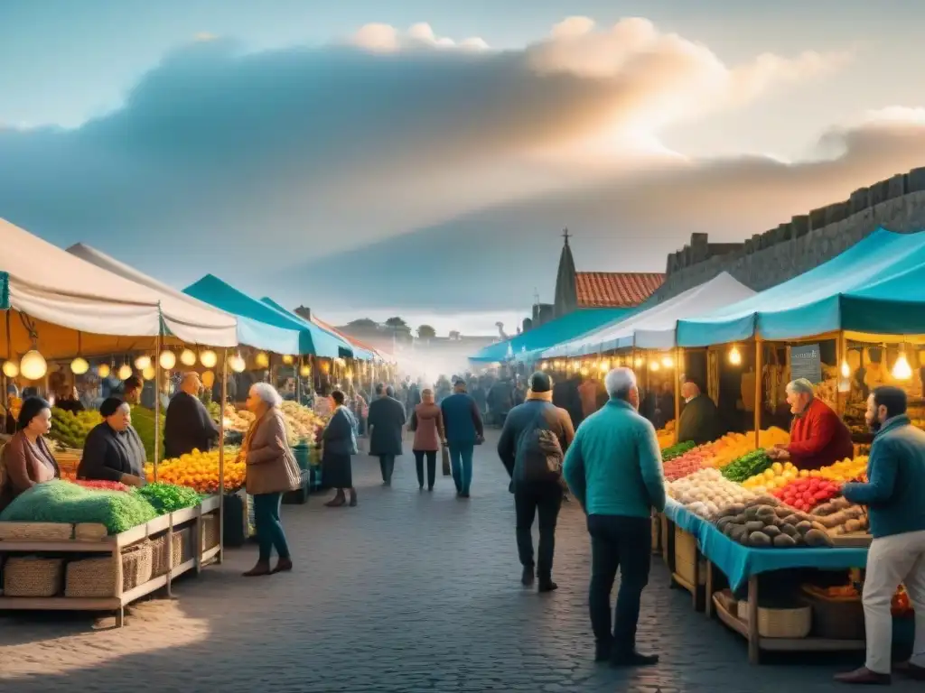 Un mercado local bullicioso en Uruguay con puestos de artesanías coloridas y alimentos tradicionales