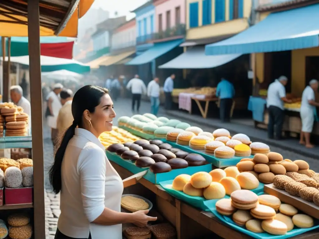 Mercado local en Uruguay rebosante de postres tradicionales como alfajores y dulce de leche