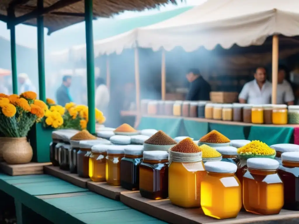 Un mercado local uruguayo rebosante de coloridas mieles, abejas y vendedores, capturando la esencia de la miel uruguaya y sus sabores