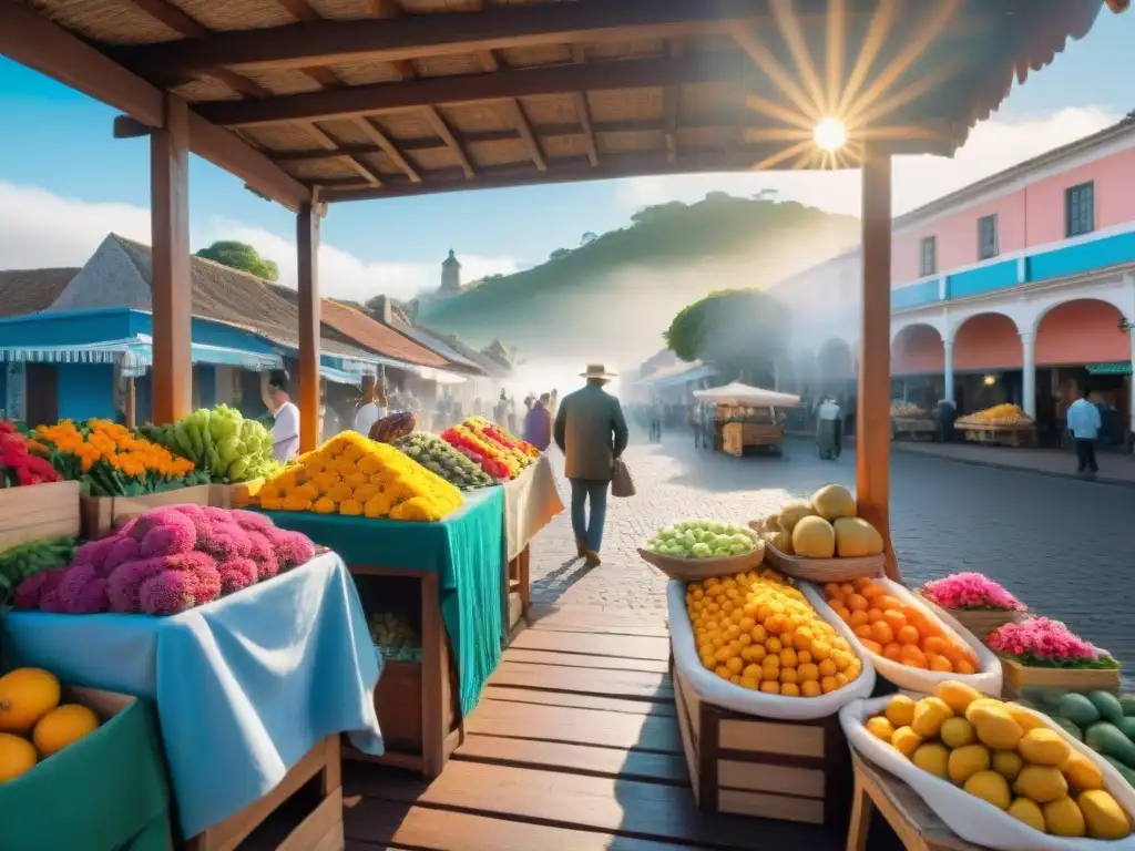 Un mercado local vibrante y bullicioso en la Ruta de las Flores de Uruguay, lleno de colores y vida