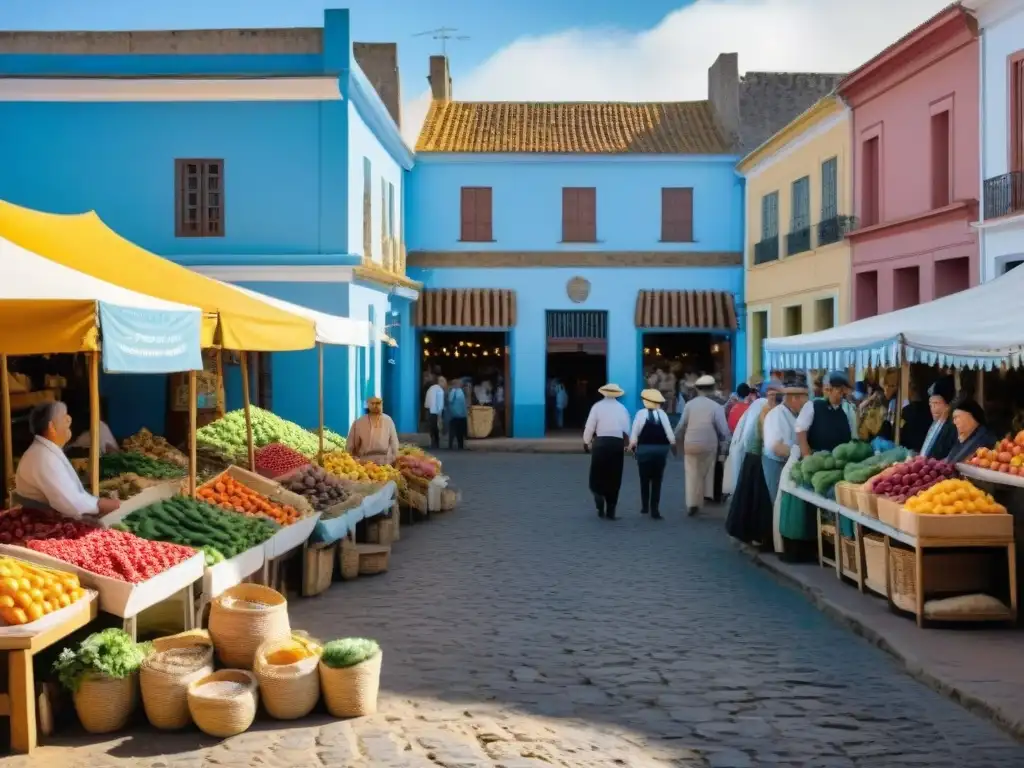 Un mercado local vibrante en Uruguay, lleno de actividad y cultura, promoviendo el turismo responsable en Uruguay