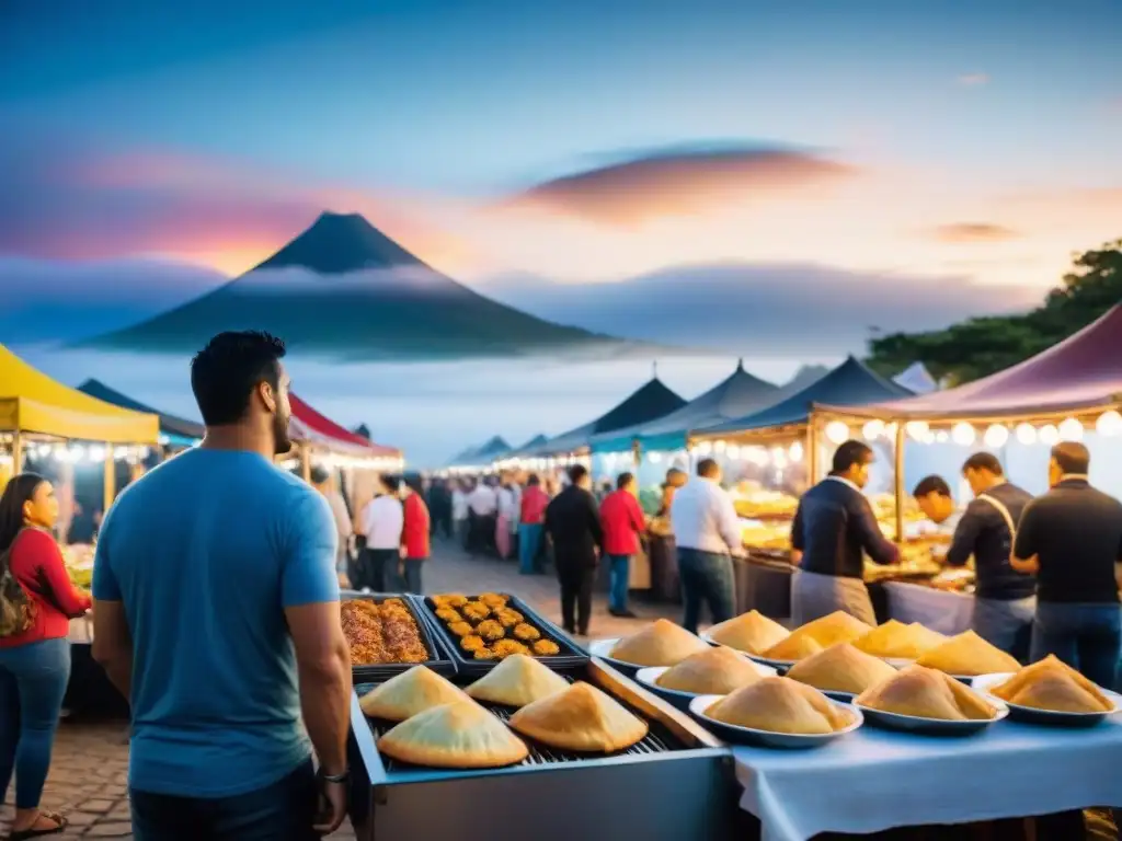 Un mercado nocturno bullicioso en Uruguay bajo un cielo estrellado, con puestos de comida coloridos iluminados por luces de hadas centelleantes