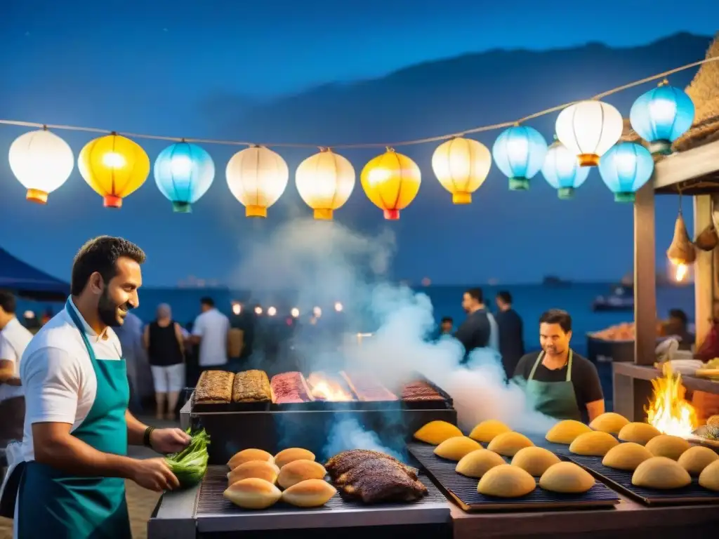 Un mercado nocturno vibrante en Uruguay, con luces y linternas coloridas