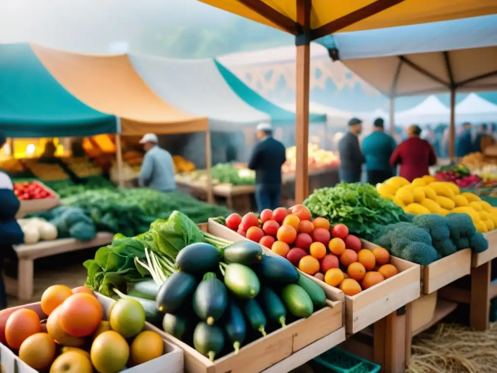 Un mercado orgánico vibrante en el Festival Huerto a Mesa en Canelones, Uruguay, con frutas y verduras coloridas y gran ambiente festivo