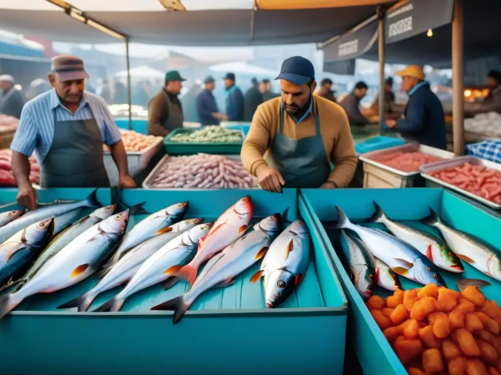 Un mercado de pescado bullicioso en Montevideo, Uruguay, con vendedores fileteando pescados frescos y mariscos en hielo