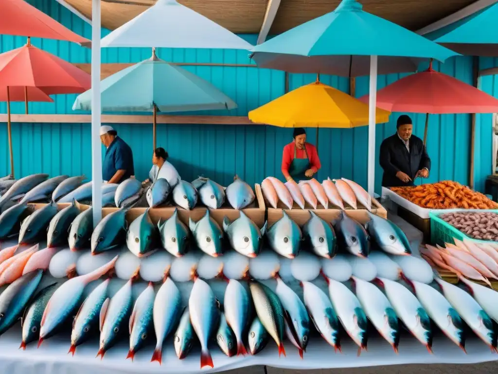 Un mercado de pescados y mariscos frescos en Punta del Este, Uruguay, con productos brillantes y vendedores atentos