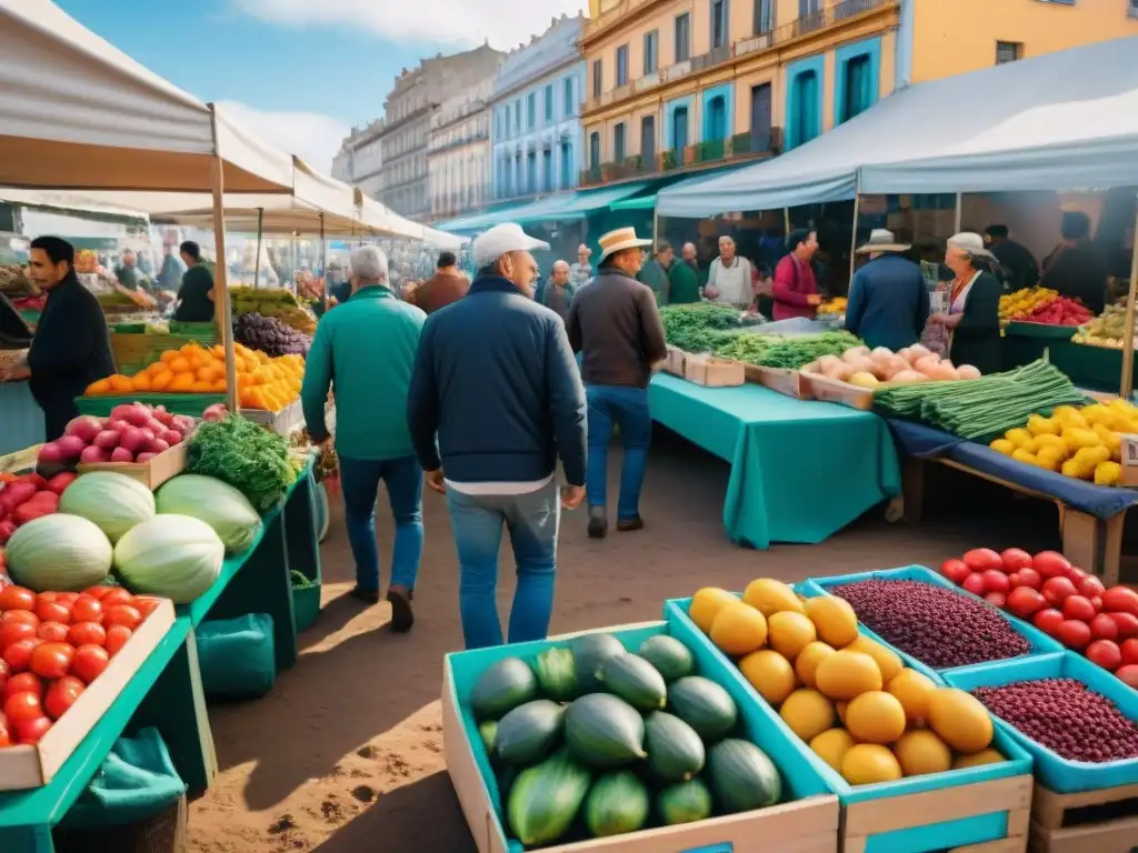 Mercado agrícola en Montevideo con productos sostenibles locales y vendedores sonrientes