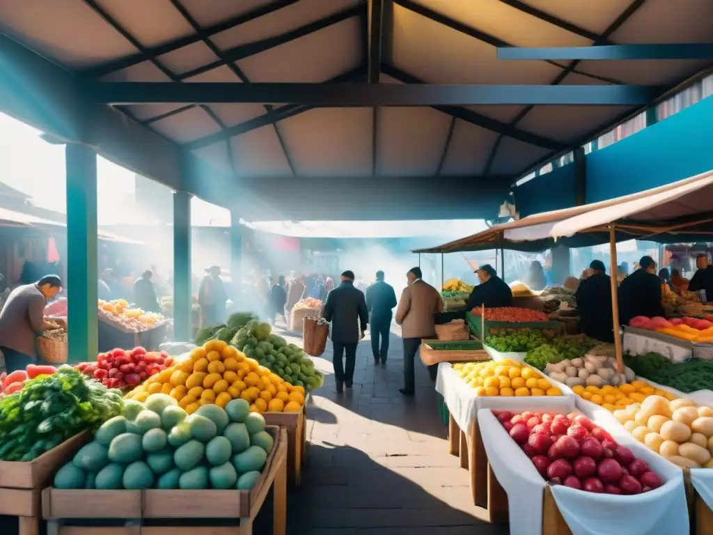 Fotografiar Mercado del Puerto Uruguay: Escena bulliciosa con coloridos productos y artesanías locales en un mercado vibrante