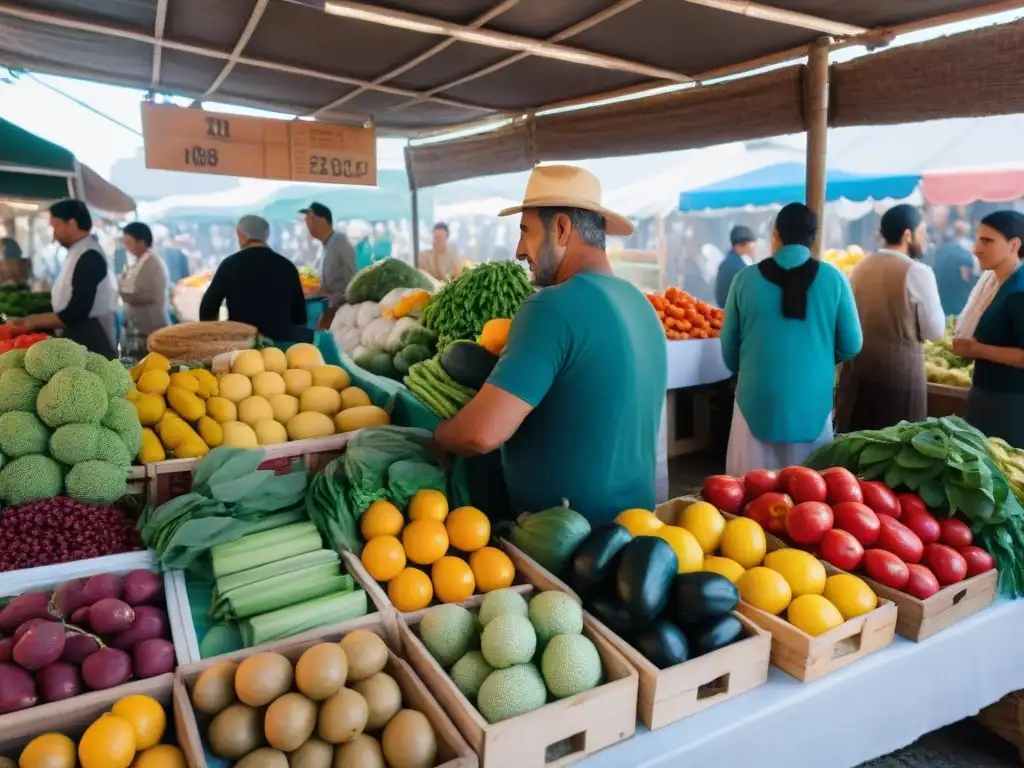 Fotografiar Mercado del Puerto Uruguay: Escena vibrante de frutas y verduras coloridas en un mercado bullicioso