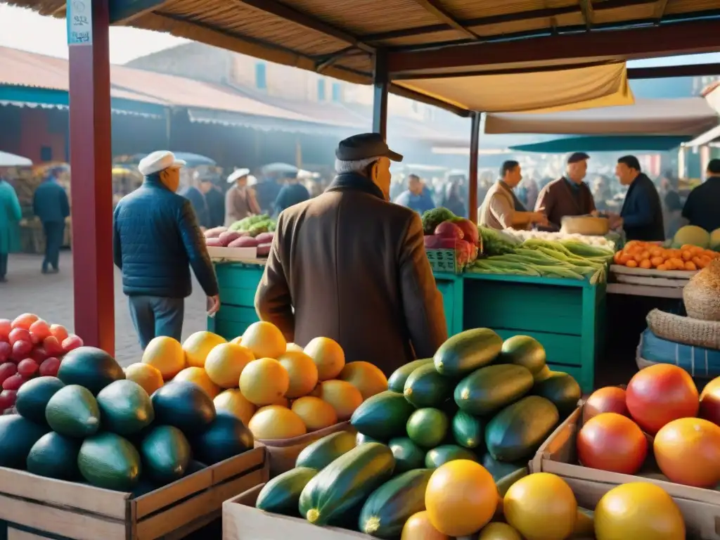 Fotografiar Mercado del Puerto Uruguay: Escena vibrante de mercado con productos frescos, artesanías e interacciones dinámicas entre vendedores y clientes