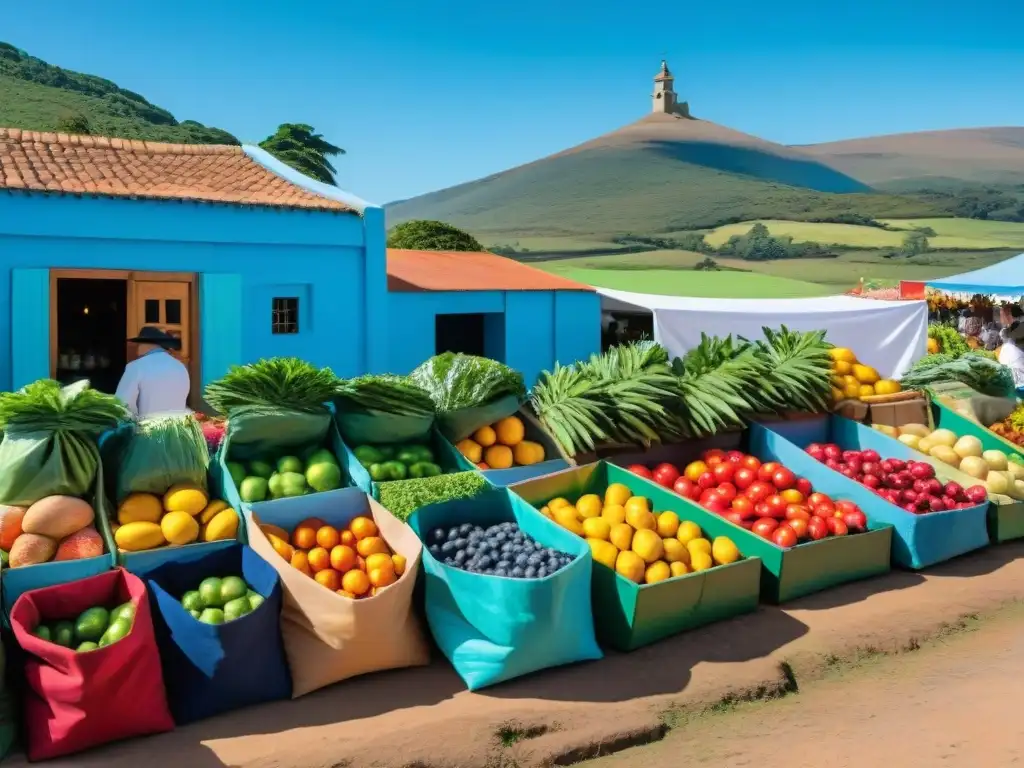 Mercado sostenible en Uruguay con embalaje ecofriendly y vendedores sonrientes