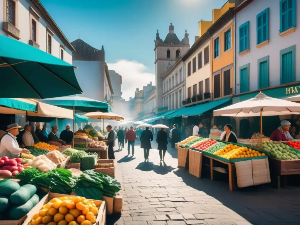 Mercado tradicional en Uruguay: coloridos puestos de productos frescos y artesanías, bulliciosa interacción entre vendedores y clientes