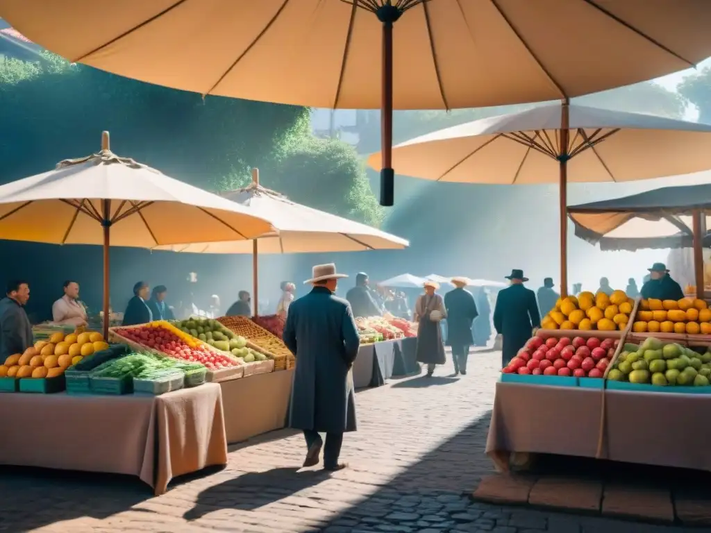 Mercado tradicional en Uruguay: frutas, verduras y artesanías bajo sombrillas vibrantes