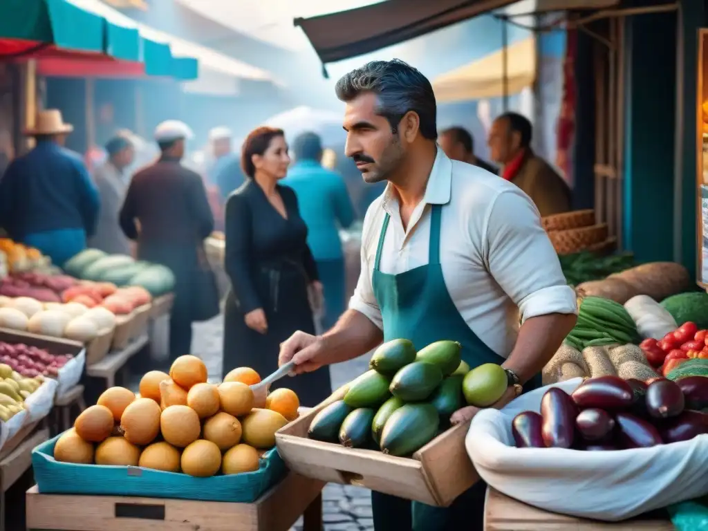 Mercado tradicional en Uruguay lleno de vida, colores y aromas, donde locales y turistas exploran con curiosidad