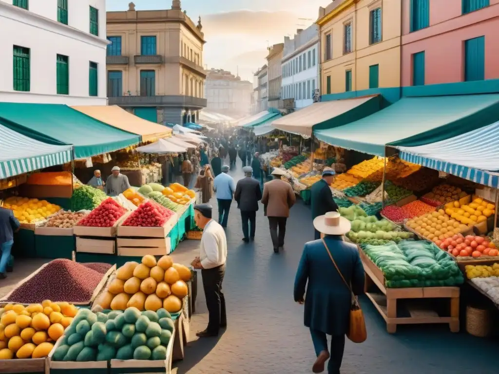 Un mercado tradicional en Uruguay rebosante de vida, con vendedores, frutas coloridas y música tradicional