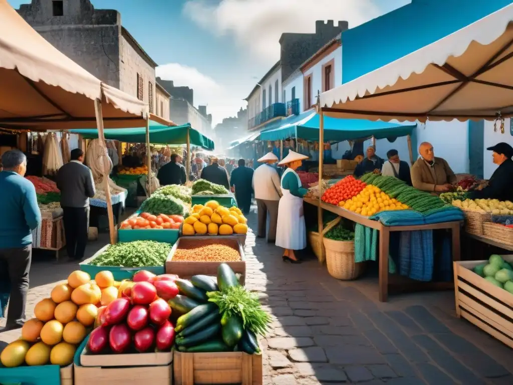 Un mercado tradicional en Uruguay rebosante de vida y color, con puestos de productos locales y artesanías