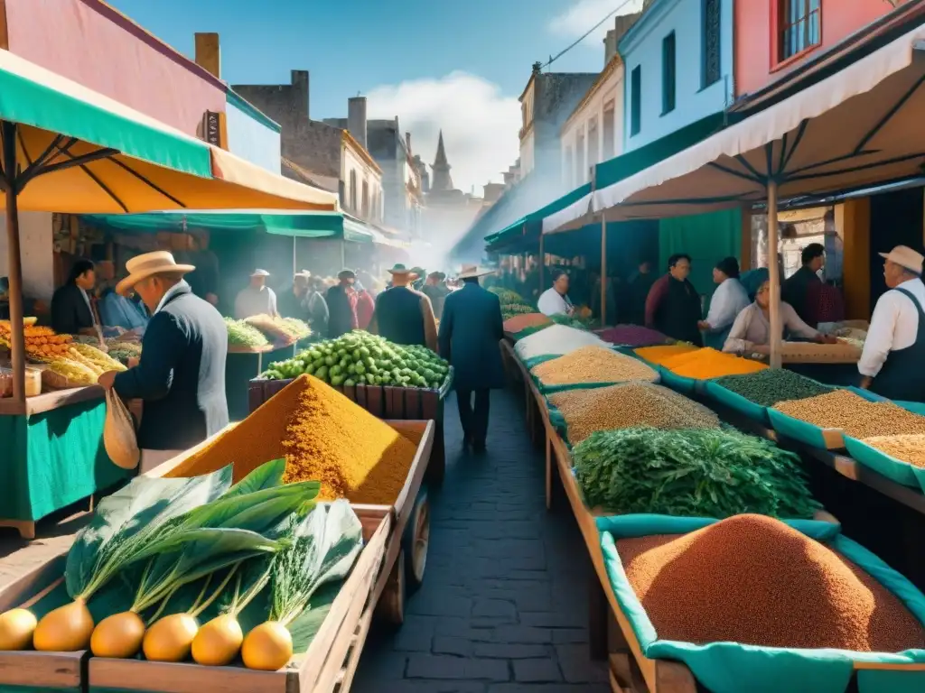 Mercado tradicional uruguayo con ingredientes autóctonos vibrantes y vendedores locales