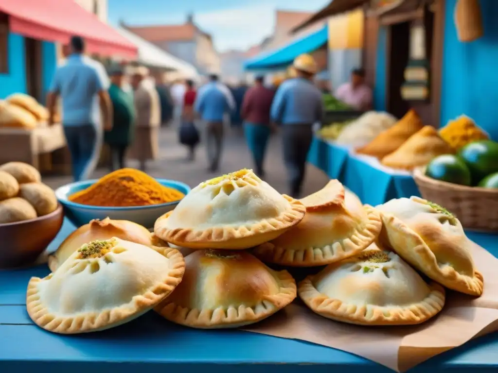 Un mercado tradicional uruguayo lleno de vida con puestos coloridos de productos locales bajo un cielo azul