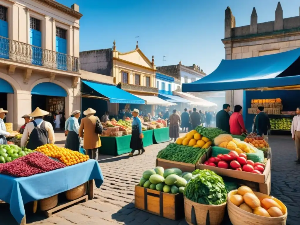 Un mercado tradicional uruguayo lleno de vida, colores y cultura